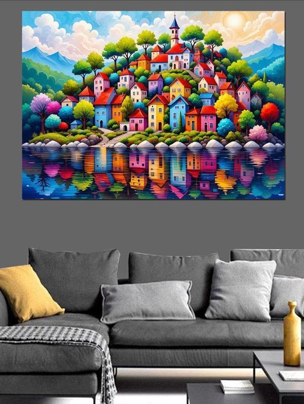 Renkli Masalsı Evler Tepesi Dekoratif Kanvas - Mdf Ahşap Tablo - Image 1