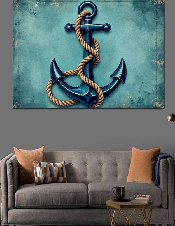 Mavi Zemin Üzerinde Çapa Dekoratif Kanvas - Mdf Ahşap Tablo - Image 1