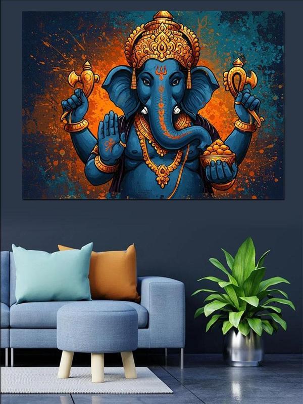 Ganeşa Renkli Tanrı Heykeli Dekoratif Kanvas - Mdf Ahşap Tablo - Image 1