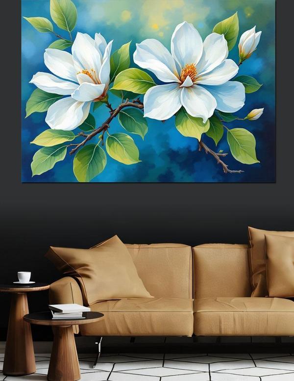 Beyaz Çiçekler Mavi Yapraklar Dekoratif Kanvas - Mdf Ahşap Tablo - Image 1