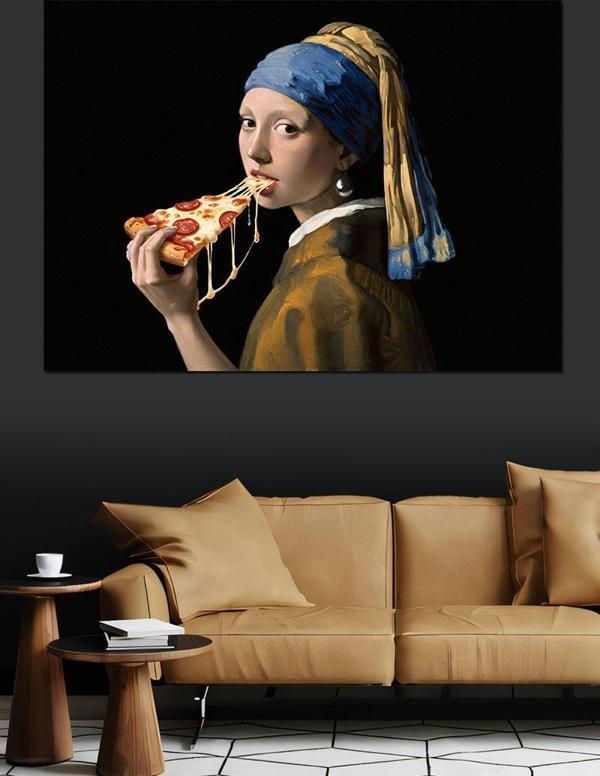 Pizza Yiyen İnci Küpeli Kız Dekoratif Kanvas - Mdf Ahşap Tablo - Image 1