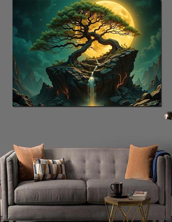 Kayan Işıklı Ağaç Dekoratif Kanvas - Mdf Ahşap Tablo - Image 1