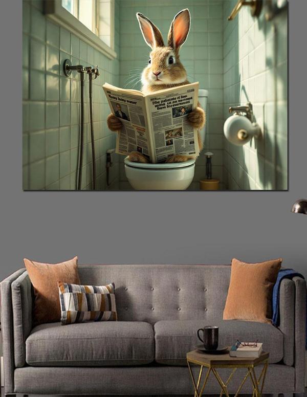 Tuvalette Gazete Okuyan Tavşan Dekoratif Kanvas - Mdf Ahşap Tablo - Image 1