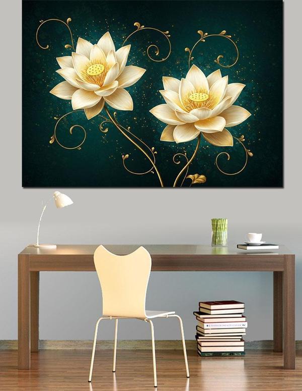 Altın Yapraklı Lotus Çiçekleri Dekoratif Kanvas - Mdf Ahşap Tablo - Image 1