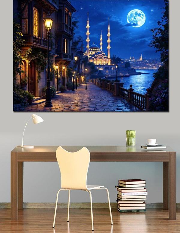 Gece İstanbul Camii Manzarası Dekoratif Kanvas - Mdf Ahşap Tablo - Image 1
