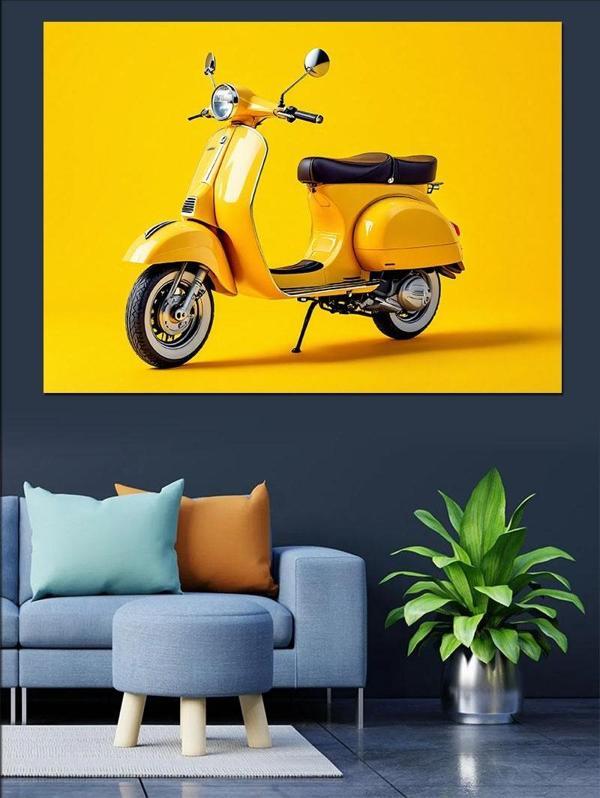 Sarı Motosiklet Sarı Arka Plan Dekoratif Kanvas - Mdf Ahşap Tablo - Image 1
