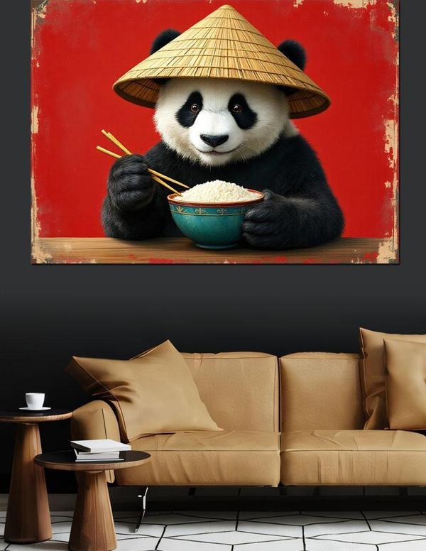Pilav Yiyen Panda Dekoratif Kanvas - Mdf Ahşap Tablo - Image 1