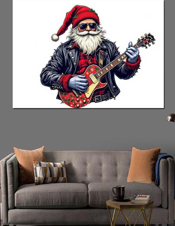 Gitar Çalan Noel Baba Dekoratif Kanvas - Mdf Ahşap Tablo - Image 1