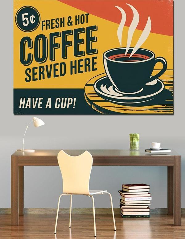 Retro Kahve Reklam Posteri Dekoratif Kanvas - Mdf Ahşap Tablo - Image 1