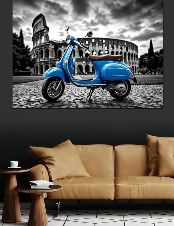 Roma’Da Mavi Scooter Dekoratif Kanvas - Mdf Ahşap Tablo - Image 1