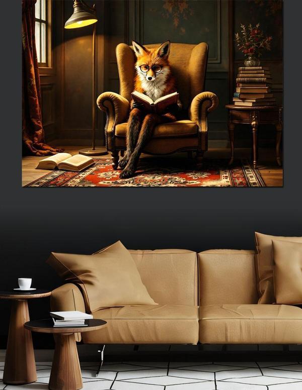 Koltuğa Oturmuş Düşünen Tilki Dekoratif Kanvas - Mdf Ahşap Tablo - Image 1
