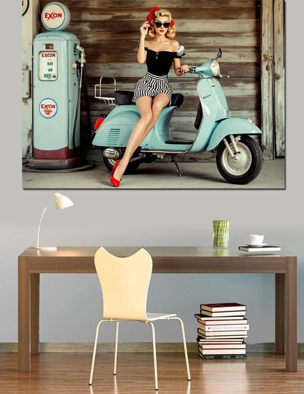 Retro Kadın Ve Scooter Dekoratif Kanvas - Mdf Ahşap Tablo - Image 1