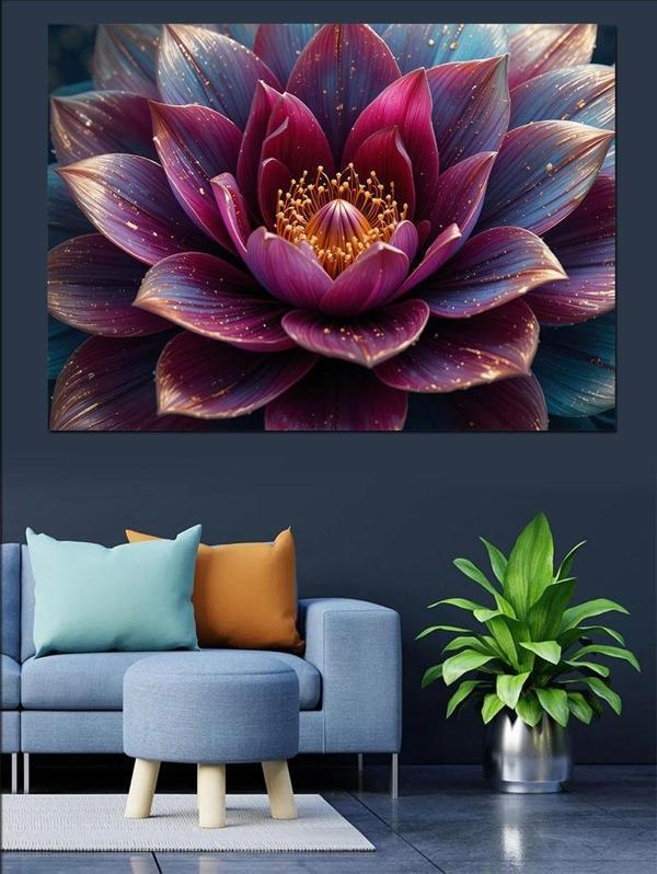 Yakından Mor Lotus Çiçeği Dekoratif Kanvas - Mdf Ahşap Tablo - Image 1