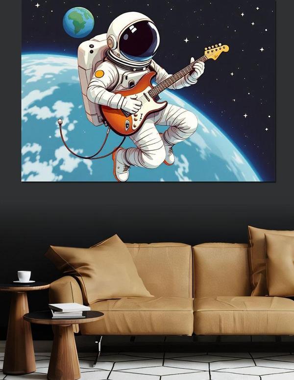 Uzayda Gitar Çalan Astronot Dekoratif Kanvas - Mdf Ahşap Tablo - Image 1