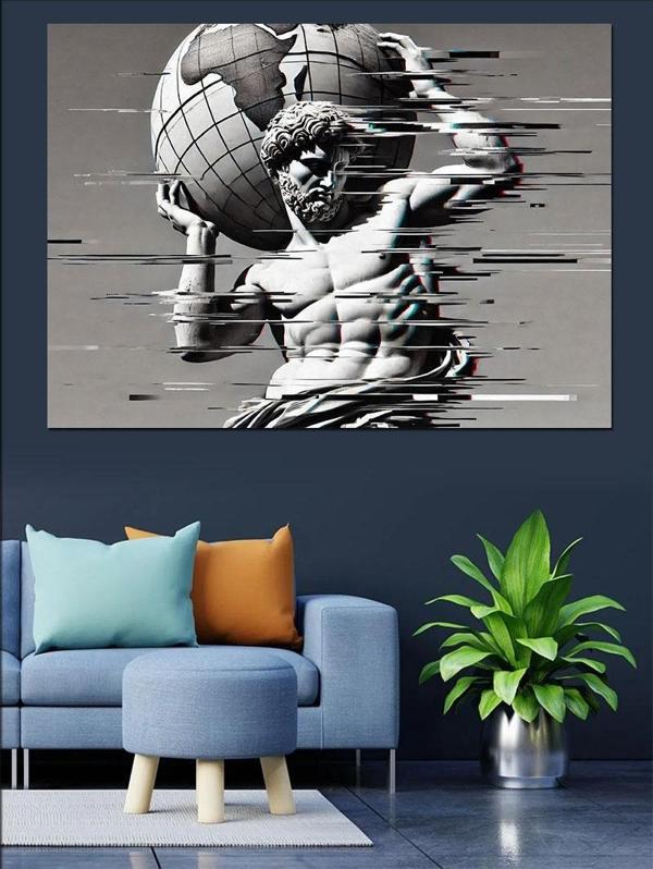 Glitch Efektli Atlas Heykeli Dekoratif Kanvas - Mdf Ahşap Tablo - Image 1