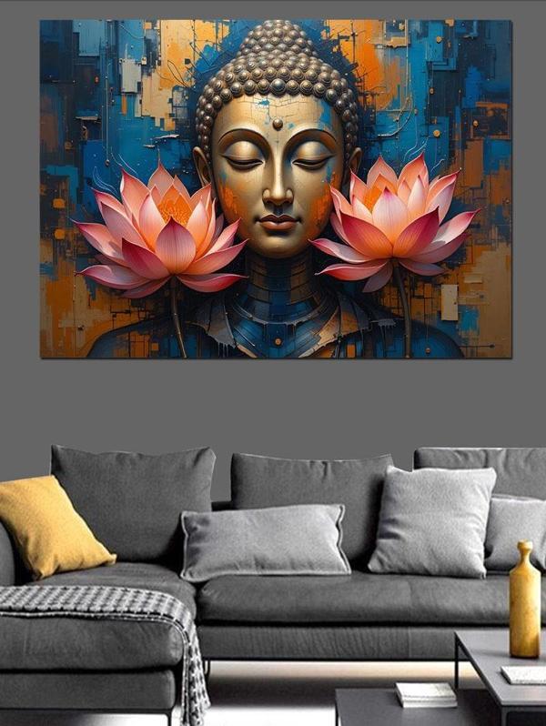 Lotuslu Meditatif Buda Portresi Dekoratif Kanvas - Mdf Ahşap Tablo - Image 1