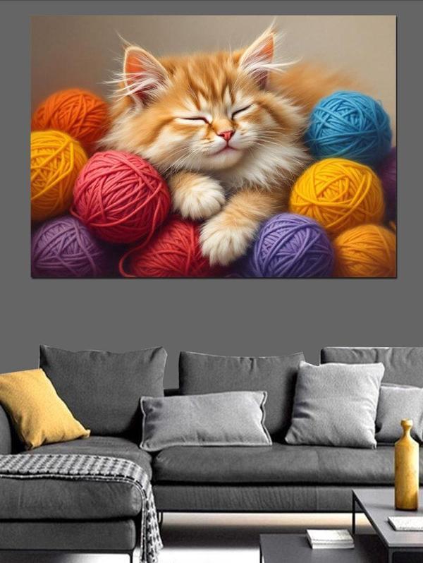 Yumakların Üzerinde Kedi Dekoratif Kanvas - Mdf Ahşap Tablo - Image 1