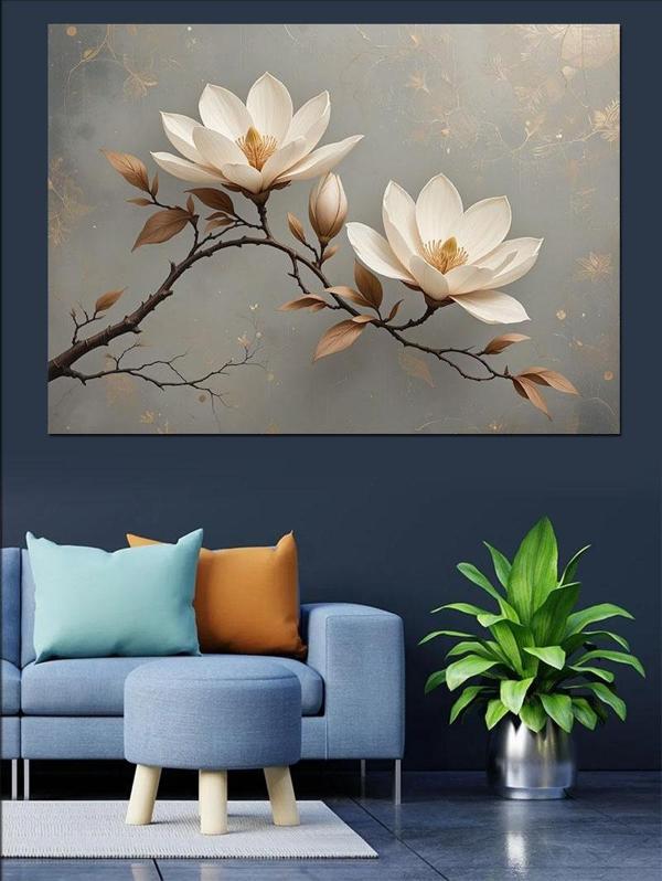 Dallarda Beyaz Lotus Çiçeği Dekoratif Kanvas - Mdf Ahşap Tablo - Image 1