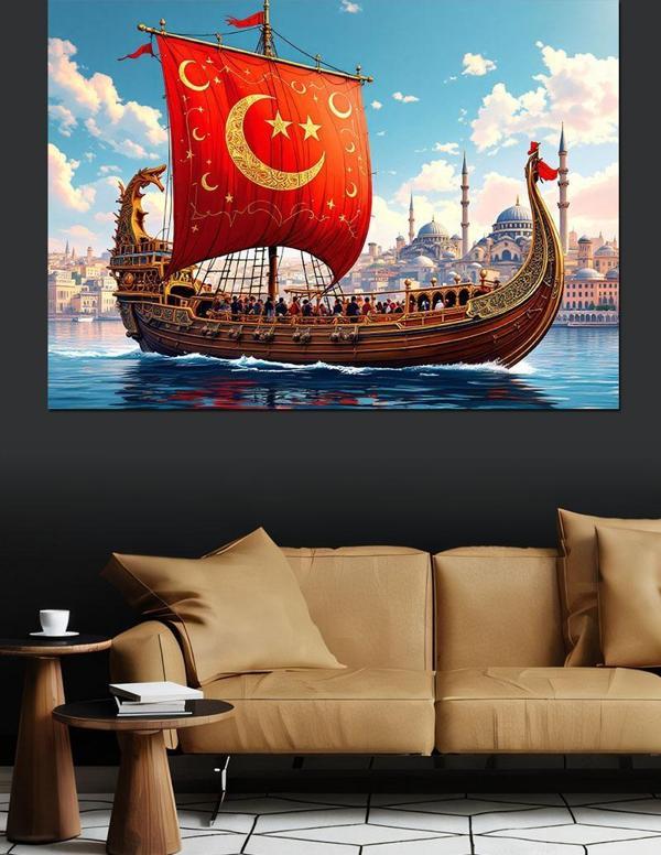Türk Bayraklı Gemi Dekoratif Kanvas - Mdf Ahşap Tablo - Image 1