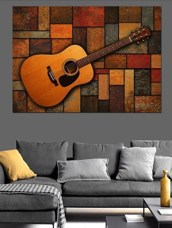 Tahta Zeminli Klasik Gitar Dekoratif Kanvas - Mdf Ahşap Tablo - Image 1
