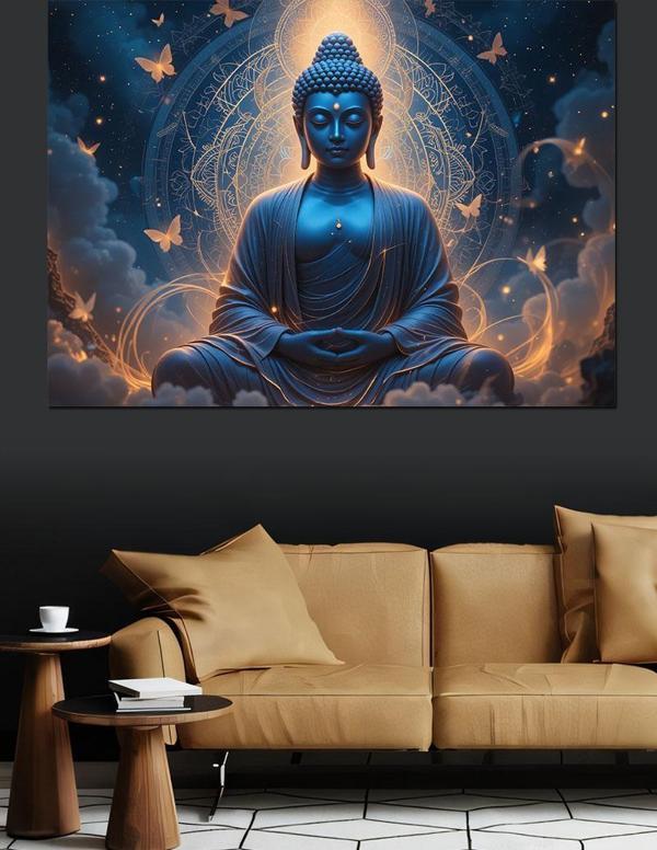 Meditasyon Yapan Mavi Buda Dekoratif Kanvas - Mdf Ahşap Tablo - Image 1