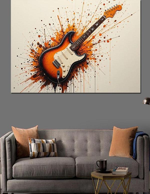 Alevli Elektro Gitar Dekoratif Kanvas - Mdf Ahşap Tablo - Image 1