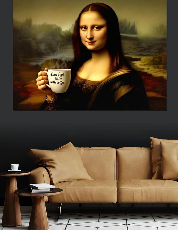 Kahve Tutan Mona Lisa Dekoratif Kanvas - Mdf Ahşap Tablo - Image 1