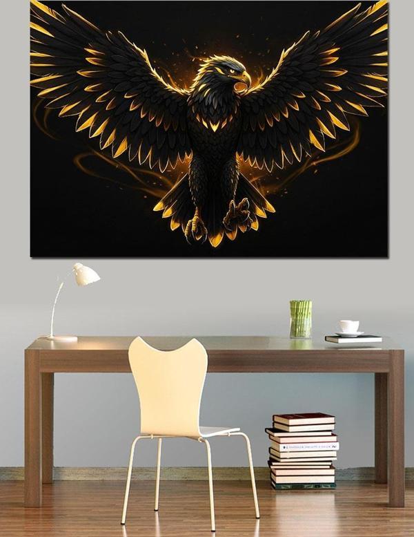 Altın Işıklı Kartal Figürü Dekoratif Kanvas - Mdf Ahşap Tablo - Image 1