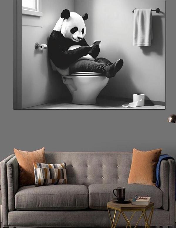 Tuvalette Gazete Okuyan Panda Dekoratif Kanvas - Mdf Ahşap Tablo - Image 1