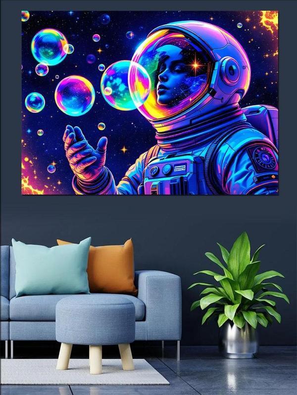 Uzayda Baloncuk Üfleyen Astronot Dekoratif Kanvas - Mdf Ahşap Tablo - Image 1