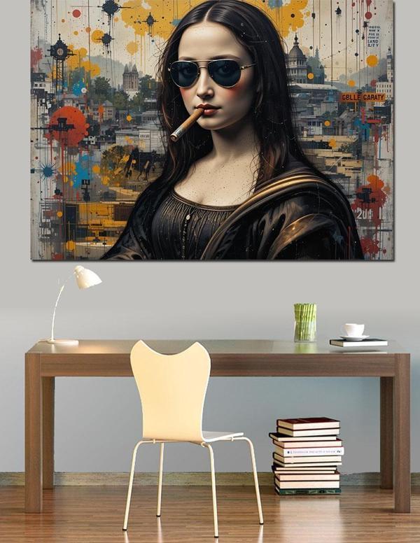 Siyah Gözlüklü Mona Lisa Dekoratif Kanvas - Mdf Ahşap Tablo - Image 1