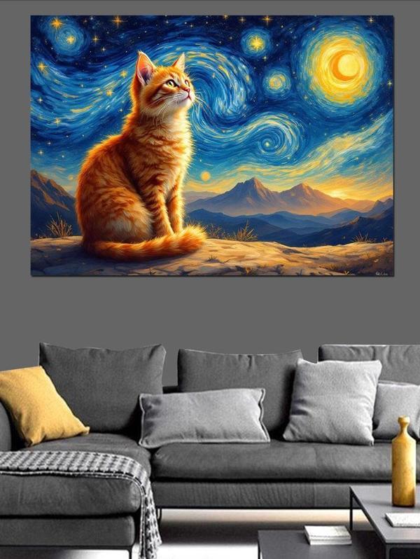 Van Gogh Stili Turuncu Kedi Dekoratif Kanvas - Mdf Ahşap Tablo - Image 1