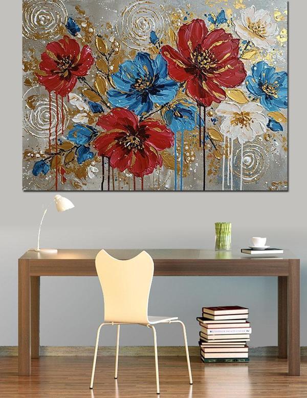 Kırmızı Mavi Çiçek Deseni Dekoratif Kanvas - Mdf Ahşap Tablo - Image 1