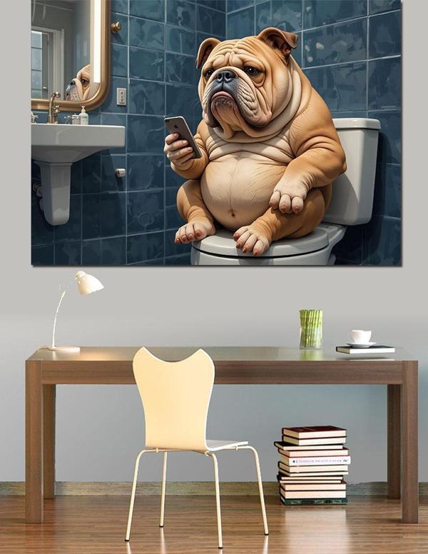 Tuvalette Bulldog Karakter Dekoratif Kanvas - Mdf Ahşap Tablo - Image 1