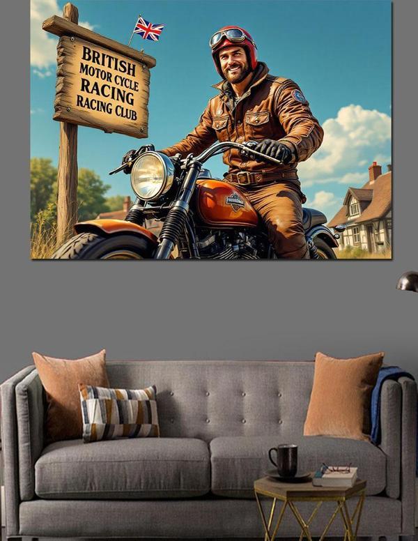 Retro Deri Ceketli Motosikletçi Dekoratif Kanvas - Mdf Ahşap Tablo - Image 1