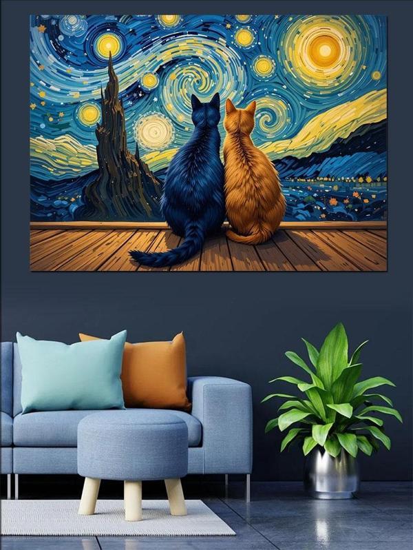 Yıldızlı Gecede Oturan Kediler Dekoratif Kanvas - Mdf Ahşap Tablo - Image 1