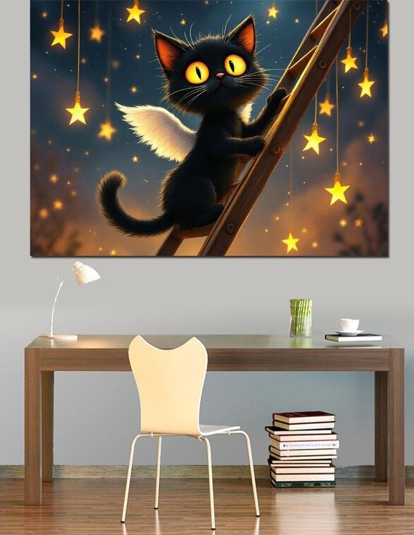 Yıldızlı Gece Kara Kedi Dekoratif Kanvas - Mdf Ahşap Tablo - Image 1