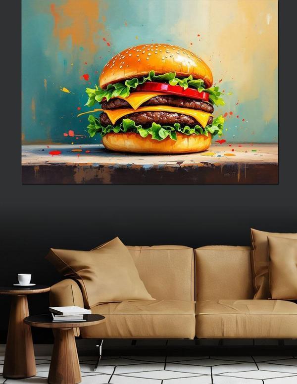 Renk Patlamalı Lezzetli Hamburger Dekoratif Kanvas - Mdf Ahşap Tablo - Image 1