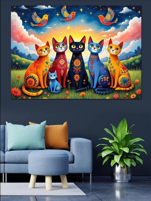 Renkli Gözlü Kedi Grubu Dekoratif Kanvas - Mdf Ahşap Tablo - Image 1