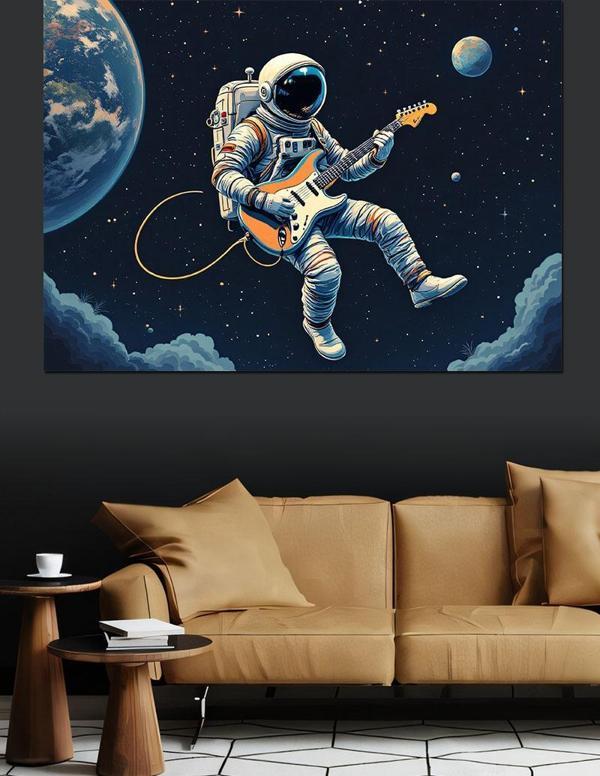 Uzayda Gitar Çalan Astronot Dekoratif Kanvas - Mdf Ahşap Tablo - Image 1