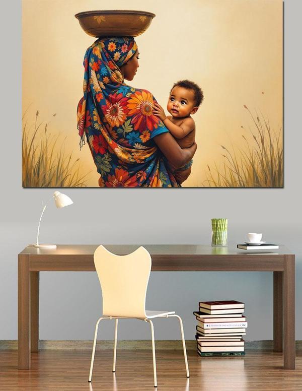 Çocuğunu Taşıyan Afrika Kadın Dekoratif Kanvas - Mdf Ahşap Tablo - Image 1