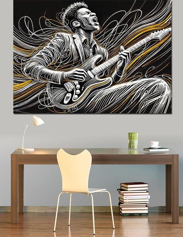 Elektro Gitar Çalan Müzisyen Dekoratif Kanvas - Mdf Ahşap Tablo - Image 1