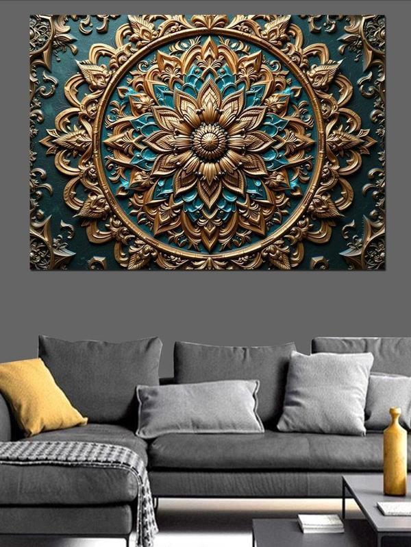 Turkuaz Altın Mandala Deseni Dekoratif Kanvas - Mdf Ahşap Tablo - Image 1