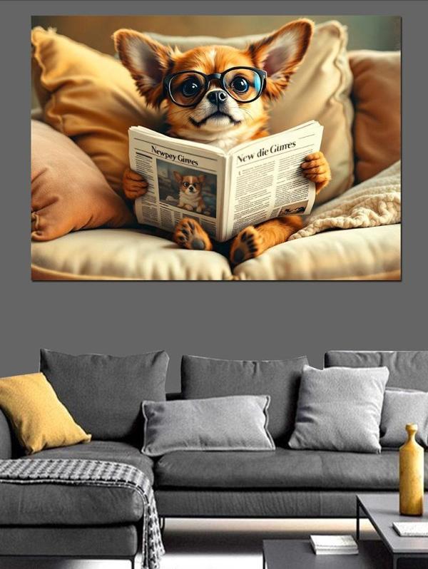 Gazete Okuyan Chihuahua Dekoratif Kanvas - Mdf Ahşap Tablo - Image 1