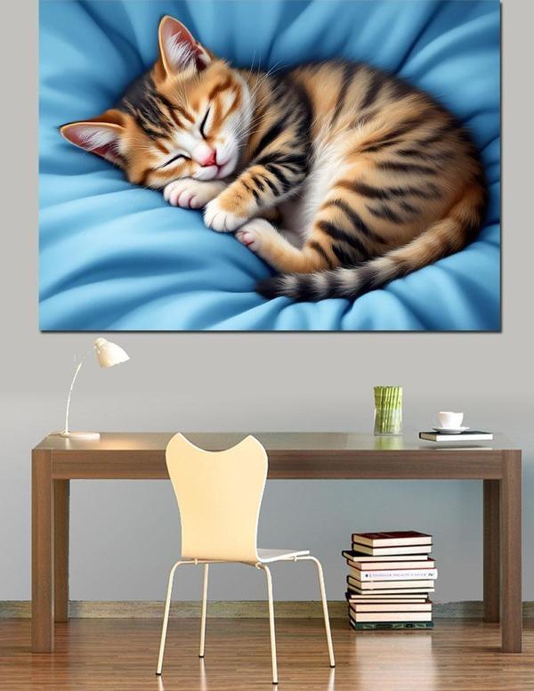 Uyuyan Kedi Dekoratif Kanvas - Mdf Ahşap Tablo - Image 1