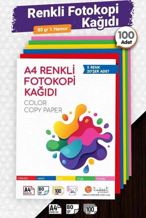 A4 Renkli Fotokopi Kağıdı 100 adet 5 renk 20şer Adet  - Image 1