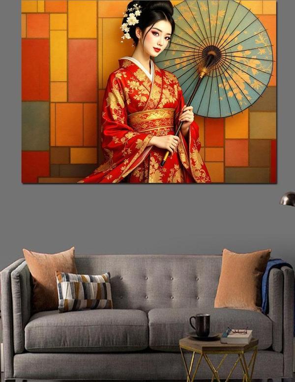 Geleneksel Kimonolu Japon Kadın Dekoratif Kanvas - Mdf Ahşap Tablo - Image 1
