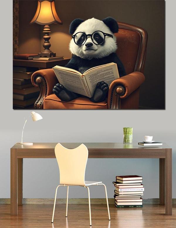Okuyan Panda Dekoratif Kanvas - Mdf Ahşap Tablo - Image 1
