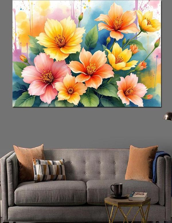 Pastel Renkli Çiçekler Dekoratif Kanvas - Mdf Ahşap Tablo - Image 1