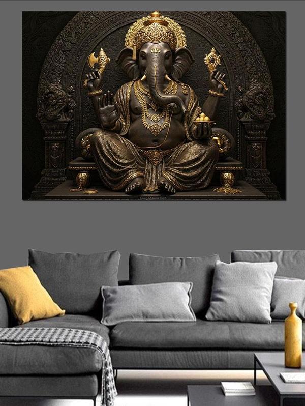 Altın Ganesha Heykeli Dekoratif Kanvas - Mdf Ahşap Tablo - Image 1